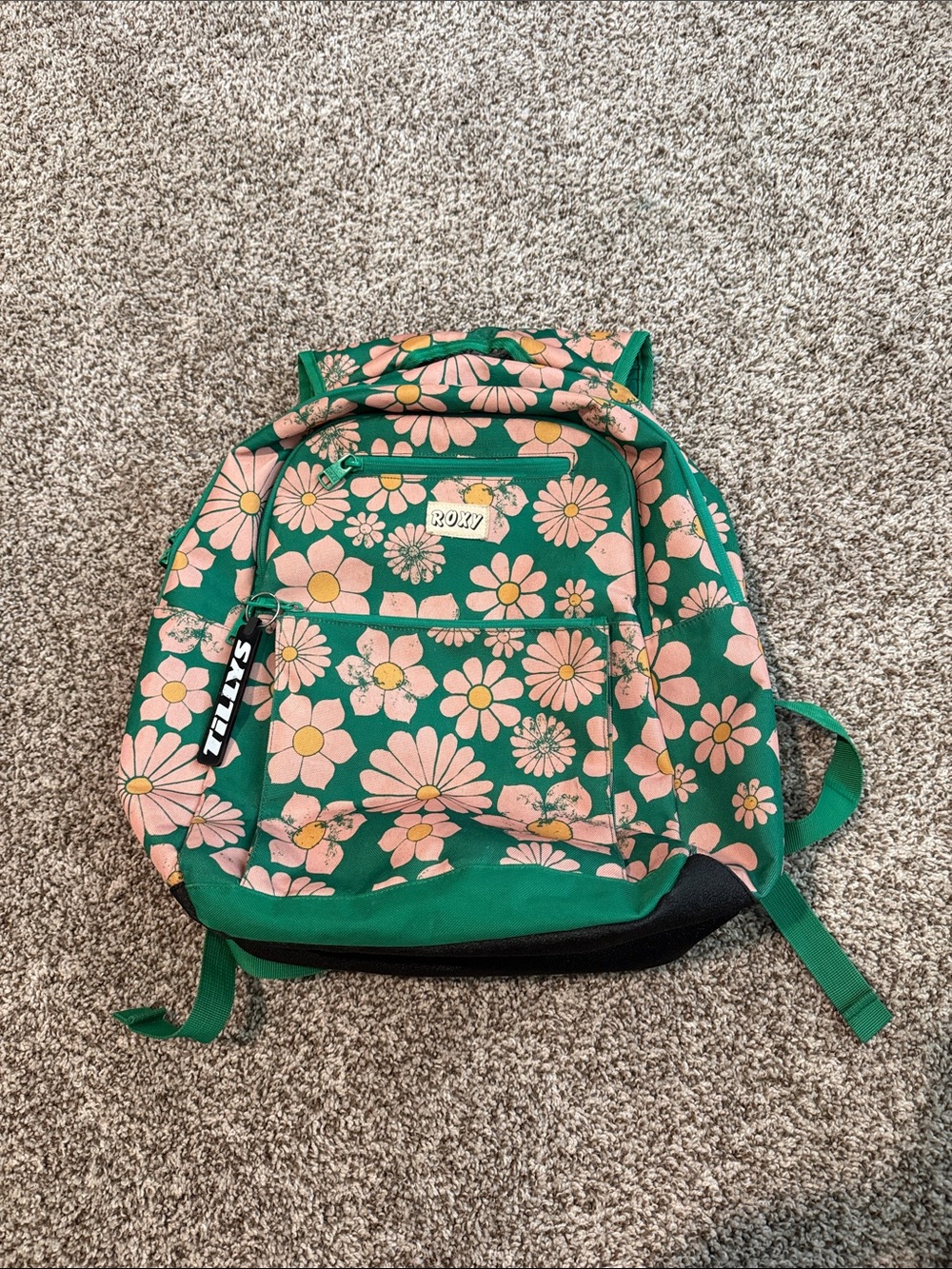 Roxy Girls Green Backpack with Pink Daisy Print